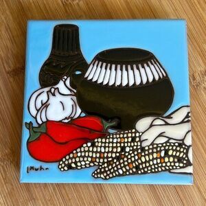 Artist tile trivet‎ decor earth tones 1990  corn pepper garlic graphic signed